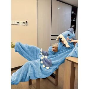 Shark One Piece Pajamas Fleece Hooded Kigurumi Adult Winter Loungewear Blue L